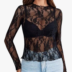 Black Lace Sheer Long Sleeve Top